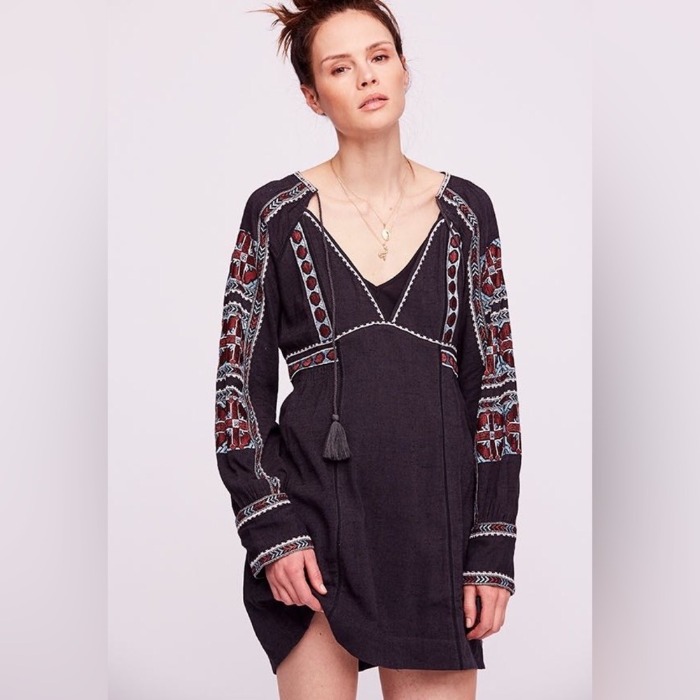 FREE PEOPLE Embroidered Black Mini Dress